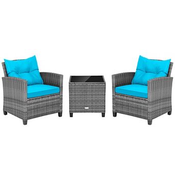 3 pc Outdoor Wicker Conversation Set with Tempered Glass Tabletop