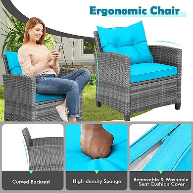 3 Piece Outdoor Wicker Conversation Set with Tempered Glass Tabletop