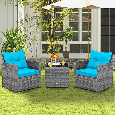 3 Piece Outdoor Wicker Conversation Set with Tempered Glass Tabletop
