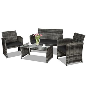 4 pc Patio Rattan Furniture Set with Glass Coffee Table and Loveseat Black