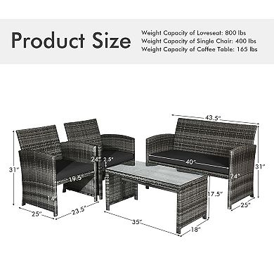4 Pieces Patio Rattan Furniture Set with Glass Coffee Table and Loveseat Black