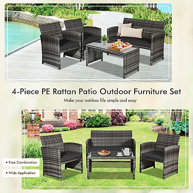 4 Pieces Patio Rattan Furniture Set with Glass Coffee Table and Loveseat Black