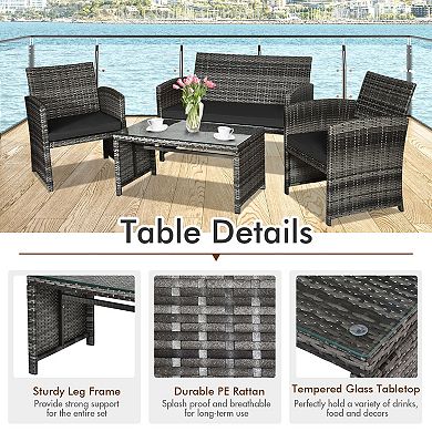4 Pieces Patio Rattan Furniture Set with Glass Coffee Table and Loveseat Black