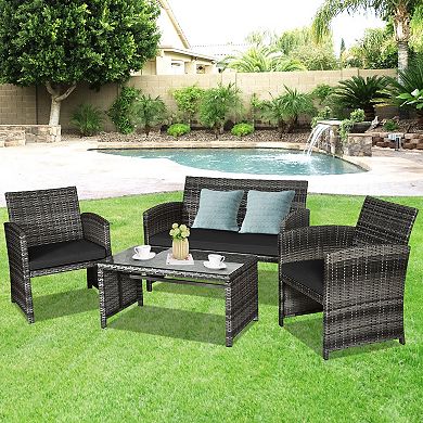 4 Pieces Patio Rattan Furniture Set with Glass Coffee Table and Loveseat Black