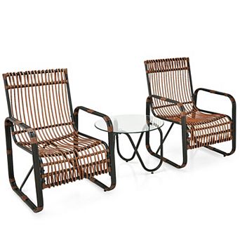 3 pc Patio Rattan Furniture Set with 2 Single Wicker Chairs and Glass Side Table