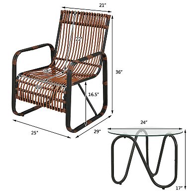 3 Piece Patio Furniture Set with Wicker Chairs and Glass Side Table