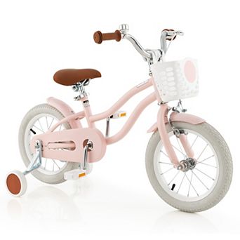 14 Inch Kids Bike with Removable Training Wheels Basket and Adjustable Seat Pink