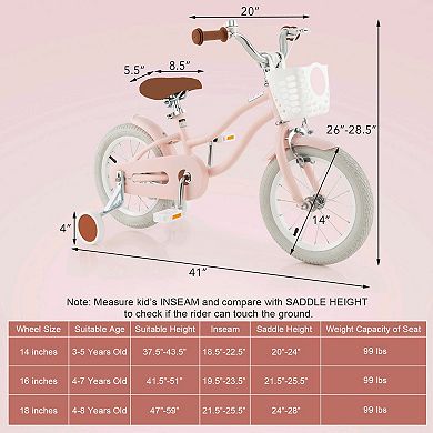 14 Inch Kids Bike with Removable Training Wheels Basket and Adjustable Seat Pink