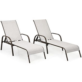 2 pc Outdoor Patio Chaise Lounge Chair Set with Adjustable Reclining Armrests