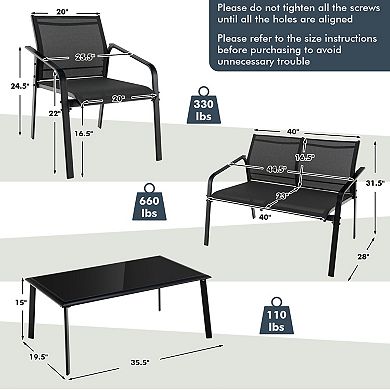 4 Pieces Patio Furniture Set with Armrest Loveseat Sofas and Glass Table Deck-Black