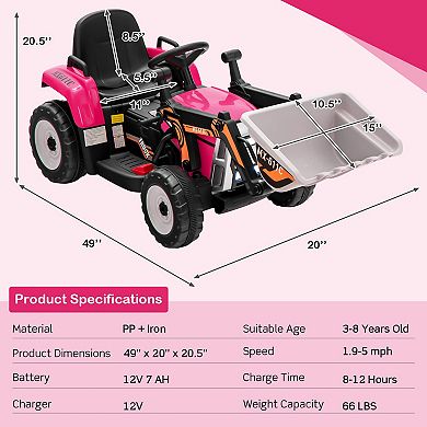 12V Kids Ride-On Excavator with Adjustable Arm & Bucket - Pink