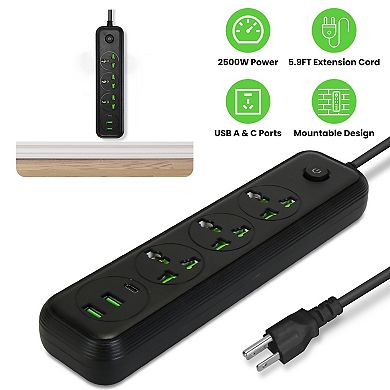 Power Strip w/ 3 Outlets, USB-A & USB-C, 5.9FT Cord