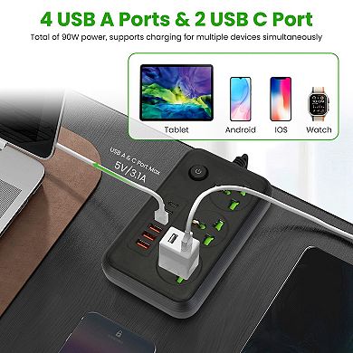 Power Strip w/ 3 Outlets, USB-A & USB-C, 5.9FT Cord