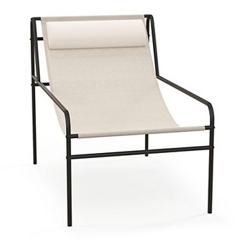 Beige Patio Sling Lounge Chair with Headrest Pillow and Metal Frame