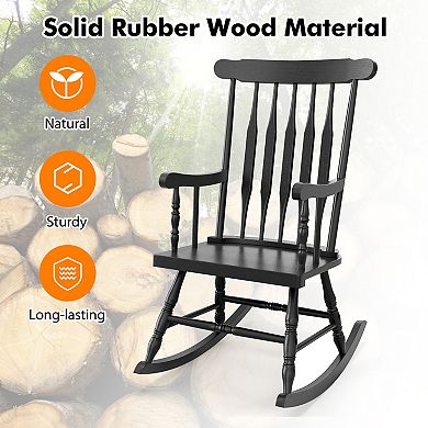 Solid Rubber Wood Rocking Chair with High Backrest for Patio or Indoor Use