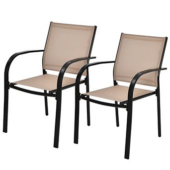 Set of 2 Patio Stackable Dining Chairs with Armrests Garden Deck Brown