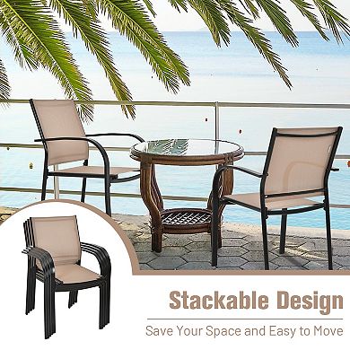 Set of 2 Patio Stackable Dining Chairs with Armrests Garden Deck Brown