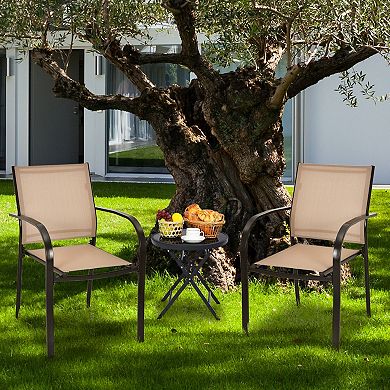 Set of 2 Patio Stackable Dining Chairs with Armrests Garden Deck Brown