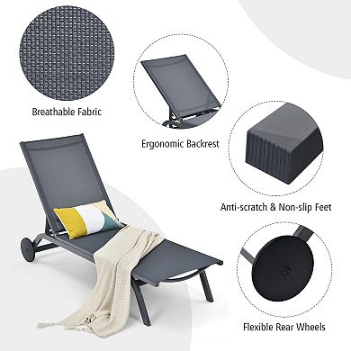 Adjustable Patio Chaise Lounge Chair With Wheels Aluminum Outdoor Recliner