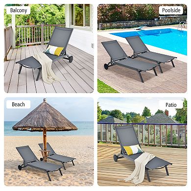 Adjustable Patio Chaise Lounge Chair With Wheels Aluminum Outdoor Recliner