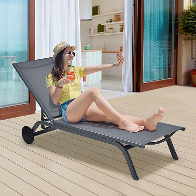 Adjustable Patio Chaise Lounge Chair With Wheels Aluminum Outdoor Recliner