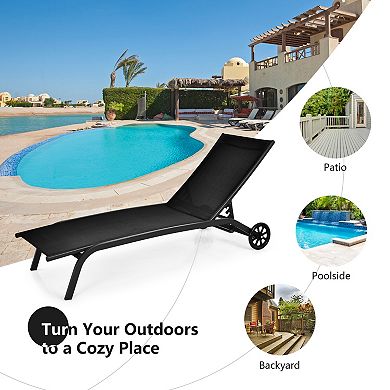 6-Position Adjustable Outdoor Chaise Recliner with Wheels - Black