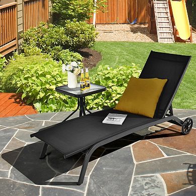 6-Position Adjustable Outdoor Chaise Recliner with Wheels - Black