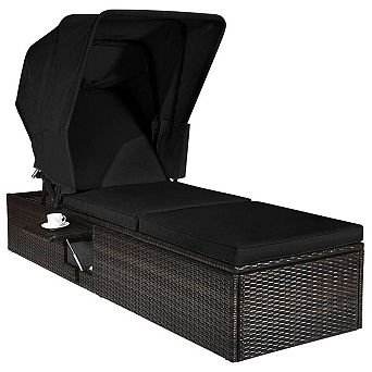 Outdoor Adjustable Chaise Lounge Chair with Cushion and Folding Canopy - Black