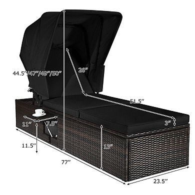Outdoor Adjustable Chaise Lounge Chair with Cushion and Folding Canopy - Black