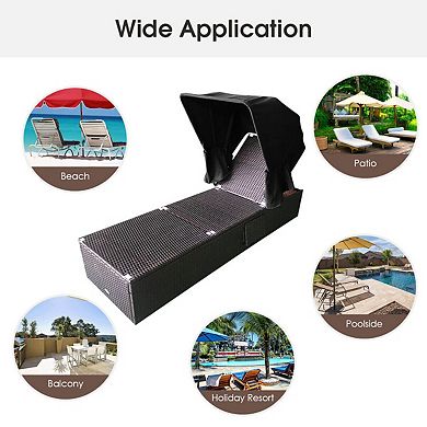 Outdoor Adjustable Chaise Lounge Chair with Cushion and Folding Canopy - Black