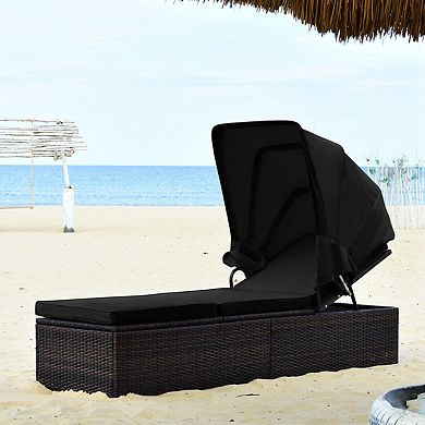 Outdoor Adjustable Chaise Lounge Chair with Cushion and Folding Canopy - Black