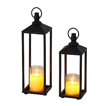 17"+13" Lanterns Decorative Outdoor & Indoor, Set of 2 Modern Metal Black Lantern with Flameless Can