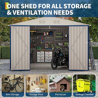 10X12 FT Storage Shed with Cross Windows & Lockable Door,ship in 3 boxes