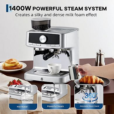 20 Bar Stainless Steel Espresso Machine with Integrated Grinder