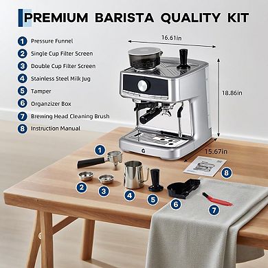 20 Bar Stainless Steel Espresso Machine with Integrated Grinder