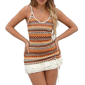 Women's Scoop Neck Spaghetti Strap Geometric Knit Ruffle Hem Drawstring Mini Dress