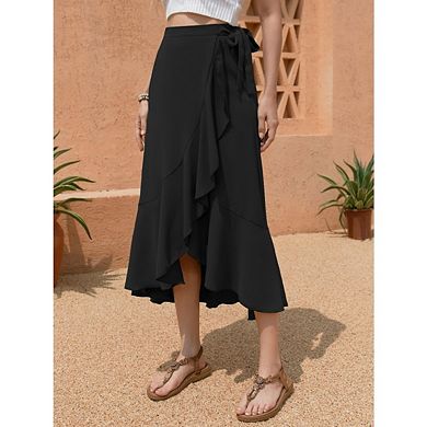 Women High Waist Wrap Ruffled Side Slit Adjustable Waistband Midi Skirt