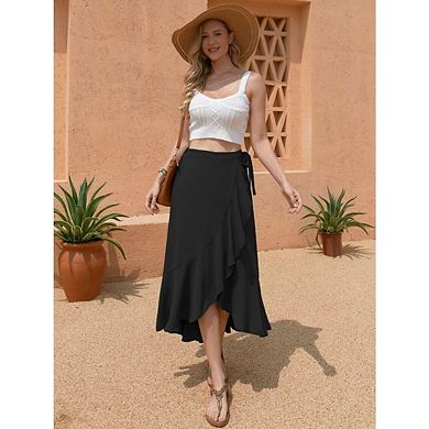 Women High Waist Wrap Ruffled Side Slit Adjustable Waistband Midi Skirt