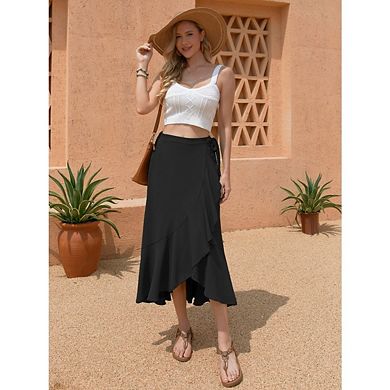 Women High Waist Wrap Ruffled Side Slit Adjustable Waistband Midi Skirt