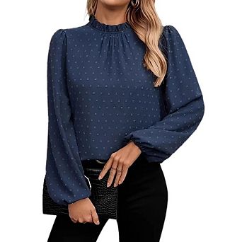 Womens Casual Dressy Blouse Ruffled Mock Neck Long Sleeve Bubble Cuffs Swiss Dot Top for Office Wear