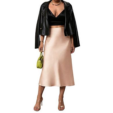 Women's High Waist Satin Flowy A Line Elegant Midi Skirt