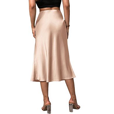 Women's High Waist Satin Flowy A Line Elegant Midi Skirt