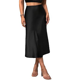 Women's High Waist Satin Flowy A Line Elegant Midi Skirt