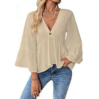 Women's Casual Blouse V Neck Flare Sleeve Ruffled Hem Loose Fit Elegant Top