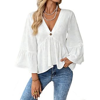 Women's Casual Blouse V Neck Flare Sleeve Ruffled Hem Loose Fit Elegant Top