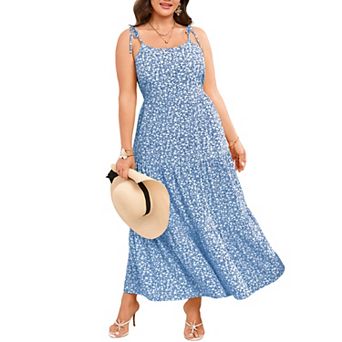 Plus Size Maxi Dress for Women Tie Spaghetti Straps Tiered Ruffle Floral Summer Beach Sundress