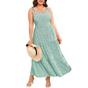 Plus Size Maxi Dress for Women Tie Spaghetti Straps Tiered Ruffle Floral Summer Beach Sundress
