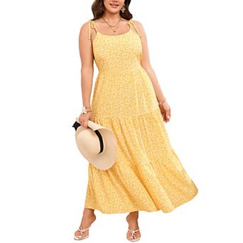 Plus Size Maxi Dress for Women Tie Spaghetti Straps Tiered Ruffle Floral Summer Beach Sundress