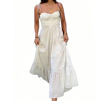Women's Spaghetti Strap Maxi Dress Sweetheart Neck Ruffle Hem Flowy Casual Sundress