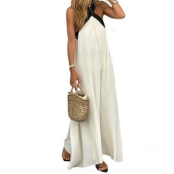Women's Casual Maxi Dress Contrast Trim Halter Neck Flowy A Line Dress for Summer Beach Party Wear